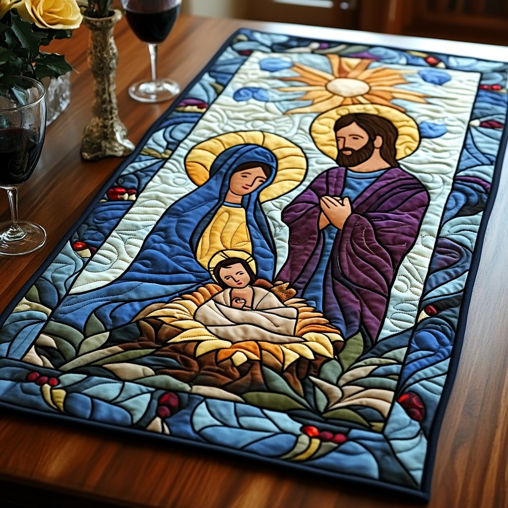 Stained Glass Nativity in Blue Table Runner