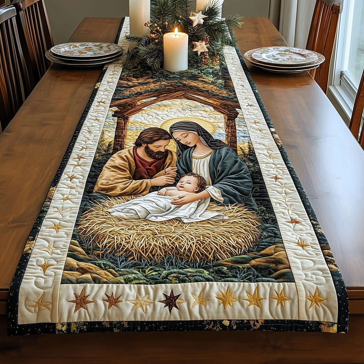 Nativity in the Stable on Cream Table Runner