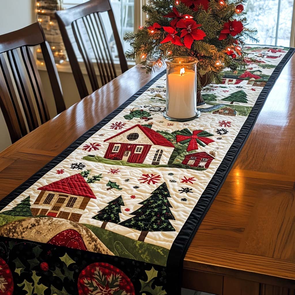 Folk Houses and Pine Trees Table Runner