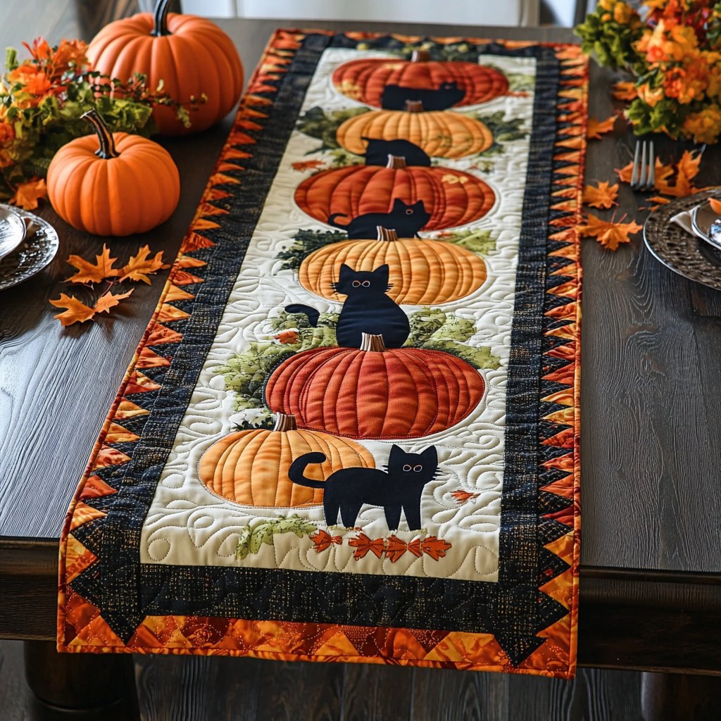 Black Cats and Pumpkins on Orange Table Runner