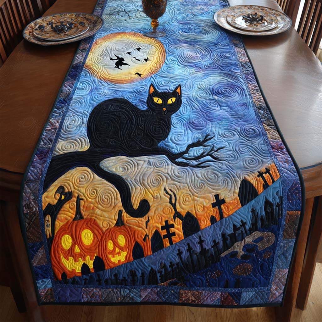 Black Cat on a Moonlit Branch Table Runner