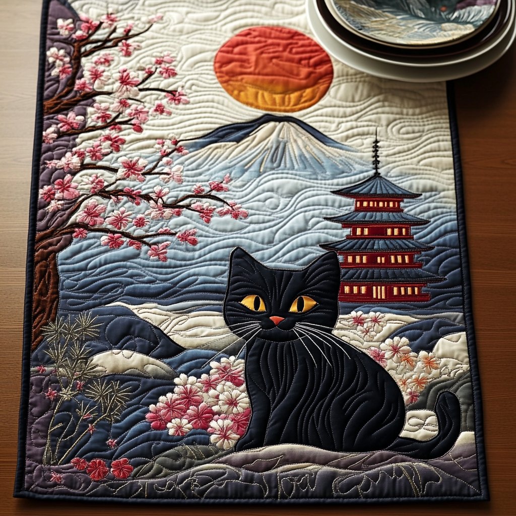 Black Cat Pagoda Table Runner