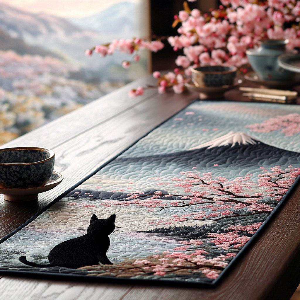 Black Cat Sakura Table Runner
