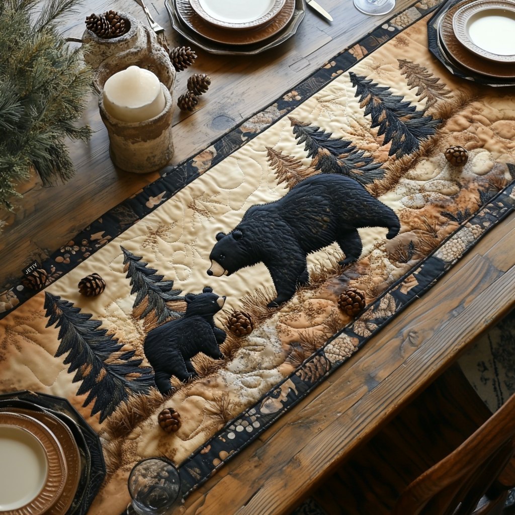 Black Bears Among Pine Trees Table Runner