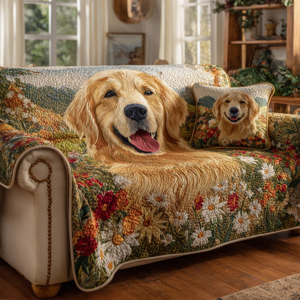 Golden Retriever Portrait on Cream Sofa Cover