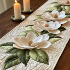White Magnolia Blooms on Cream Table Runner