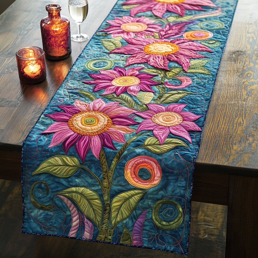 Pink and Orange Daisies on Teal Table Runner