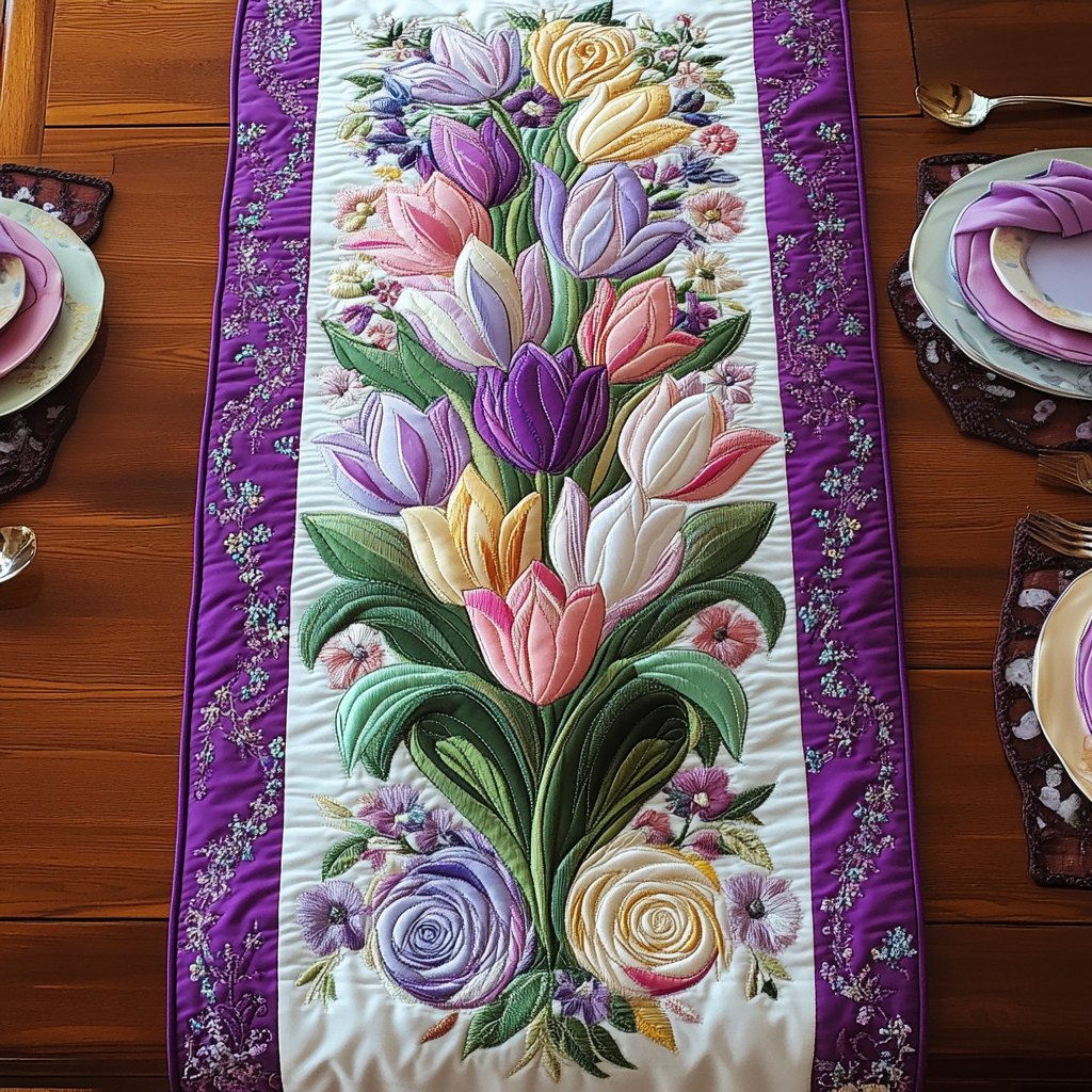 Pastel Tulips with Purple Border Table Runner