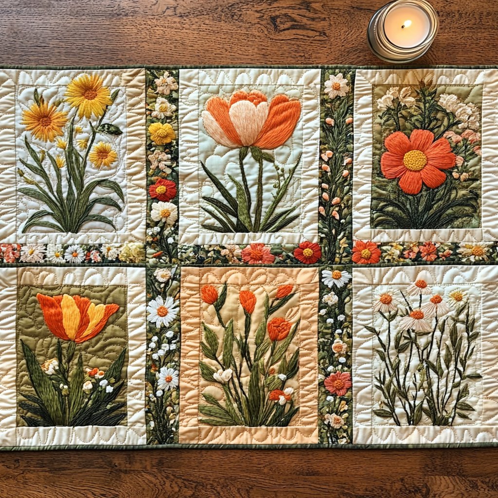 Garden Flower Blocks on Cream Table Runner