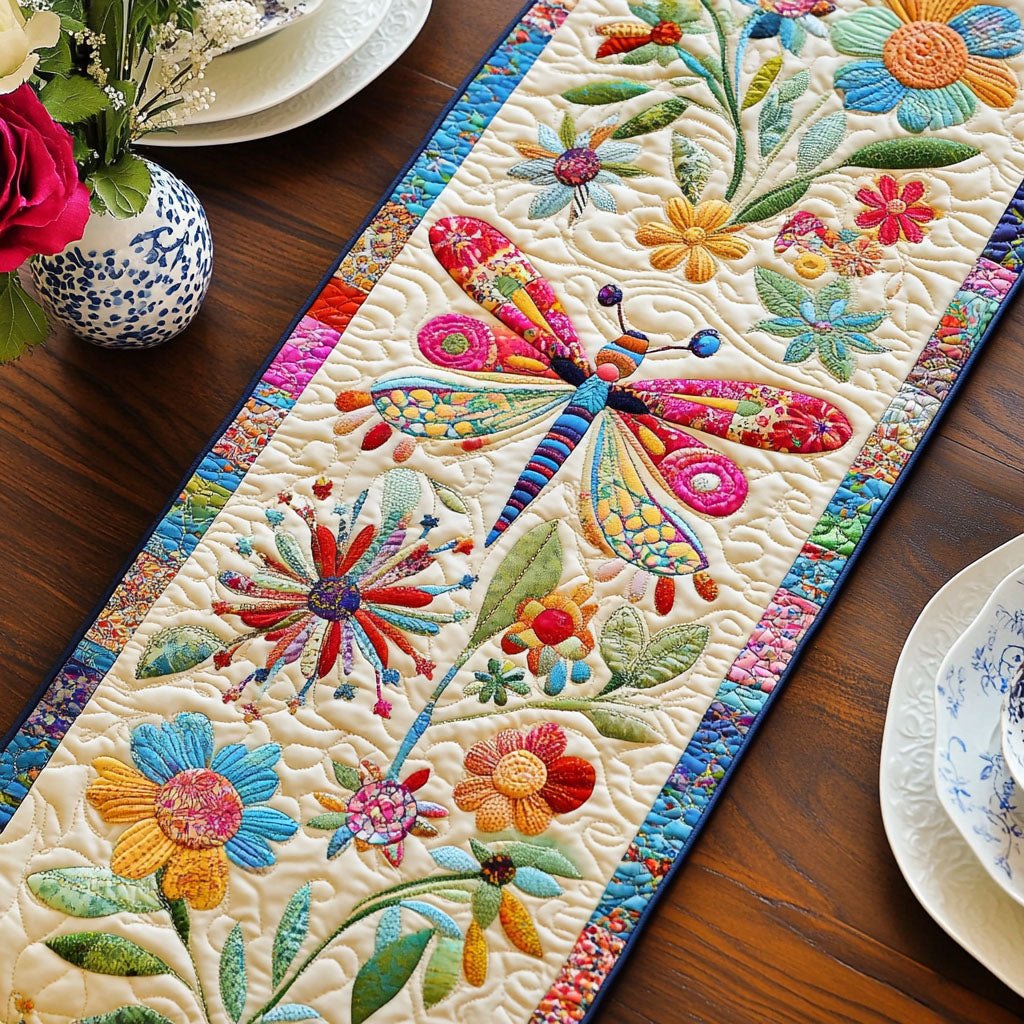 Dragonflies Among Bright Blooms Table Runner