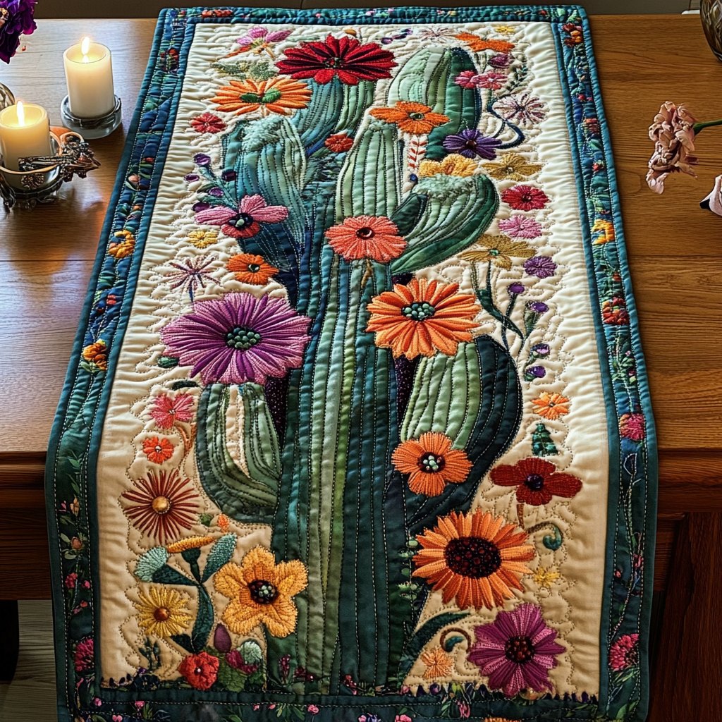 Blooming Cactus with Desert Flowers Table Runner