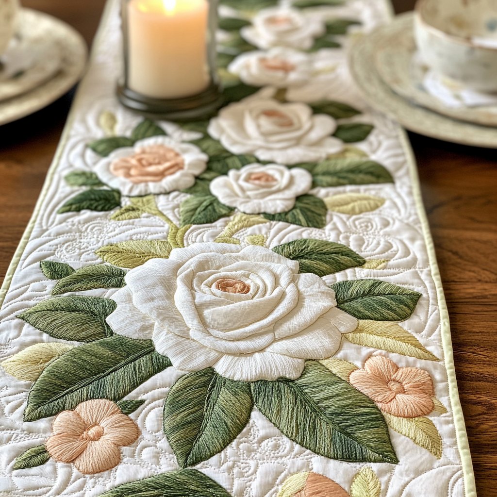 White and Peach Roses on Green Table Runner