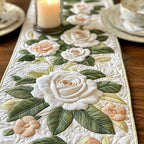 White and Peach Roses on Green Table Runner