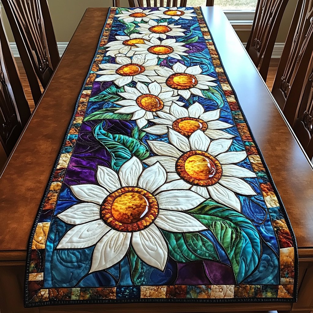 White Daisy on Deep Navy Table Runner
