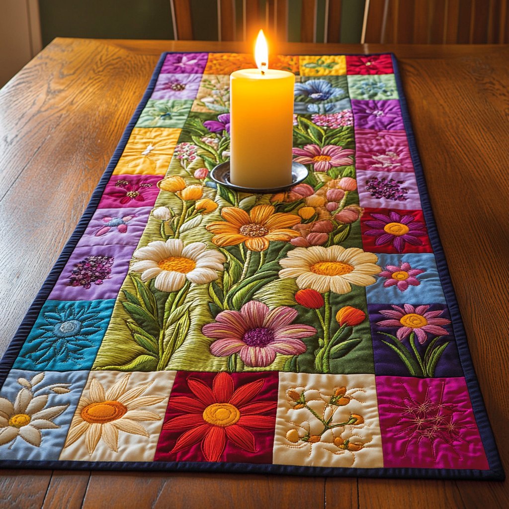 Bright Patchwork Flower Squares Table Runner