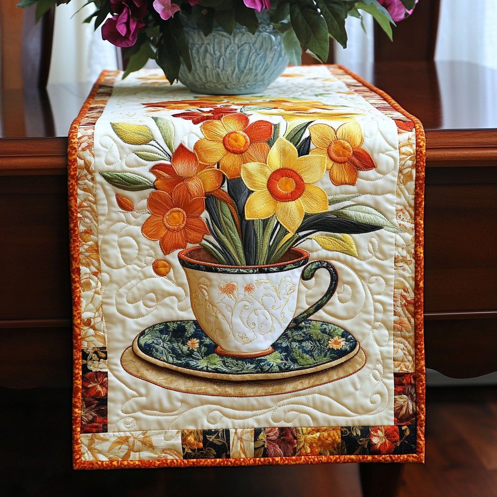Flower Filled Teacup on Orange Table Runner