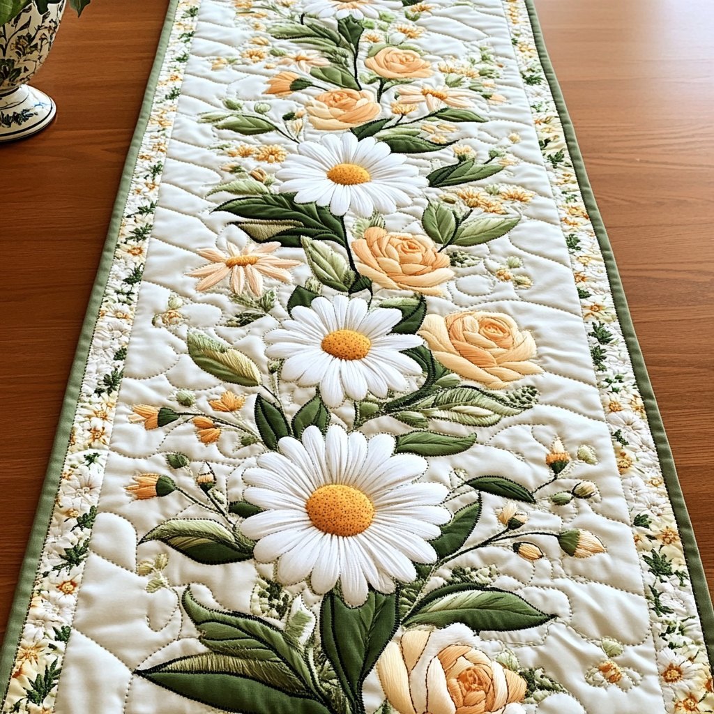 White Daisies and Peach Blooms Table Runner