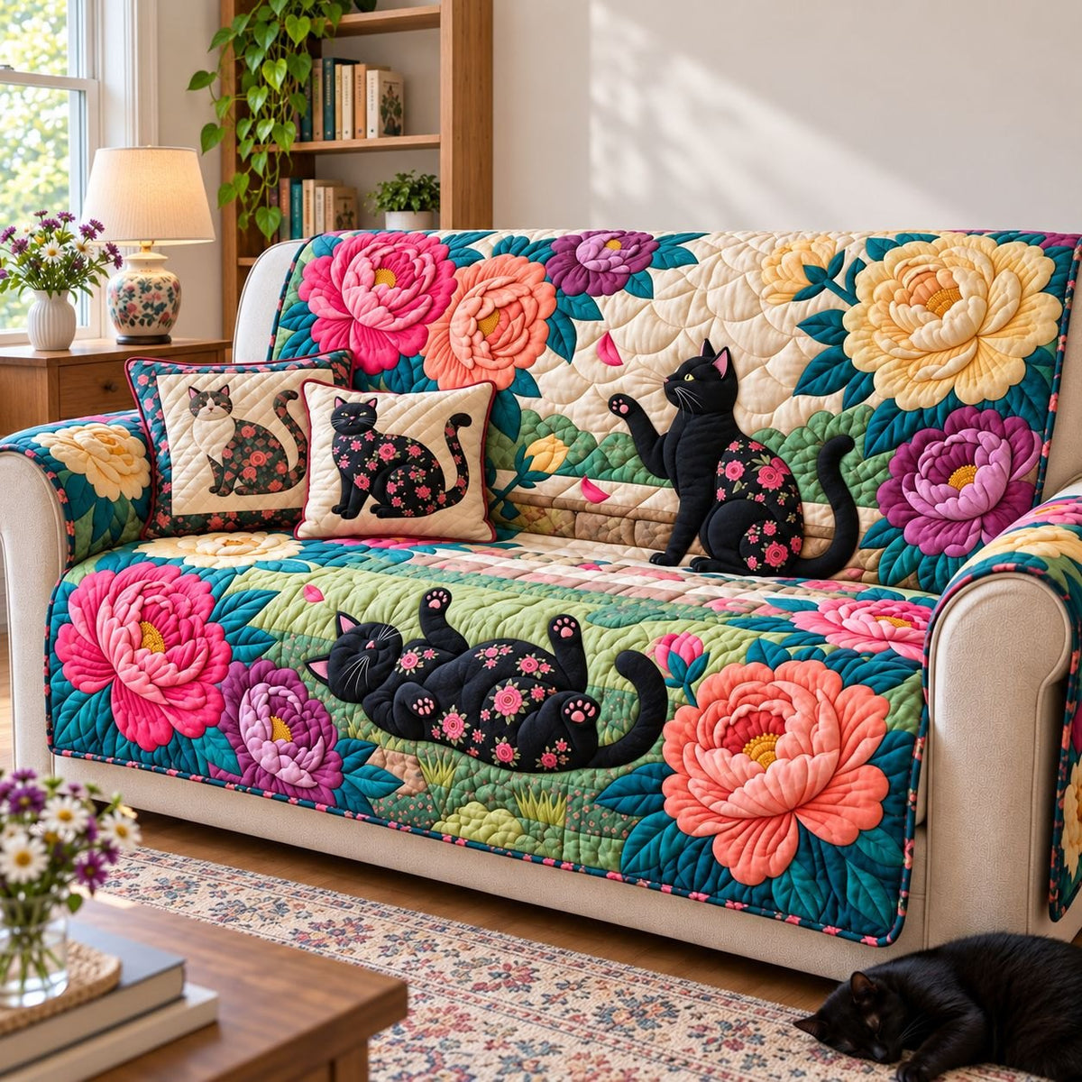 Blooming Black Cats Sofa Cover