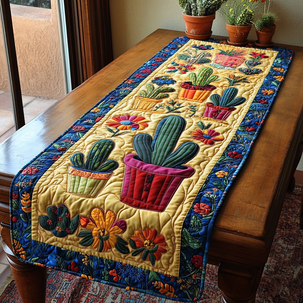 Potted Cactus Garden on Gold Table Runner