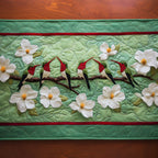 Hummingbirds and White Blossoms on Green Table Runner