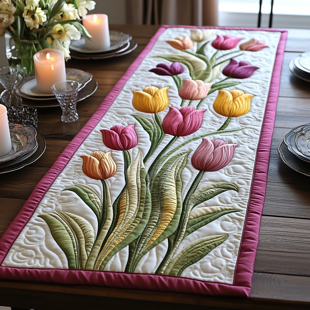 Pastel Tulips with Rose Border Table Runner