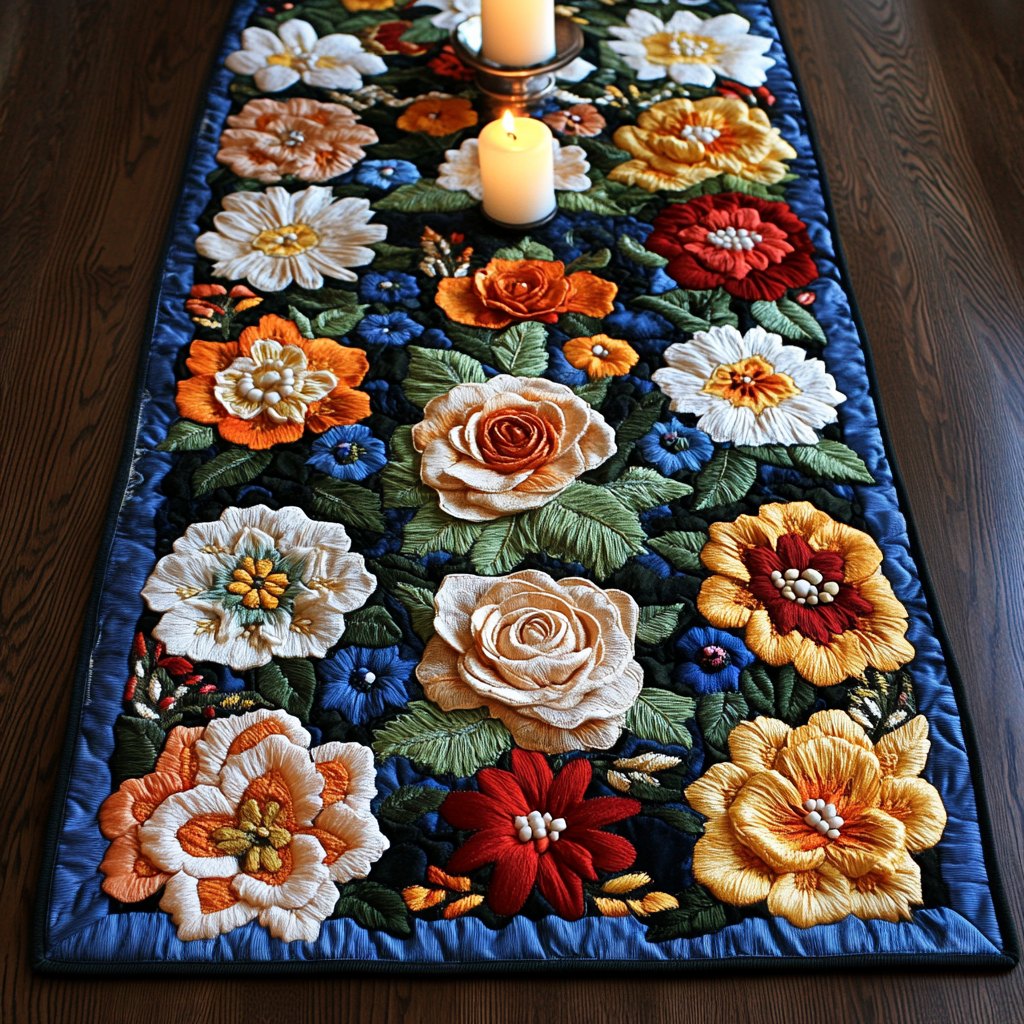 Cream Roses and Poppies on Navy Table Runner