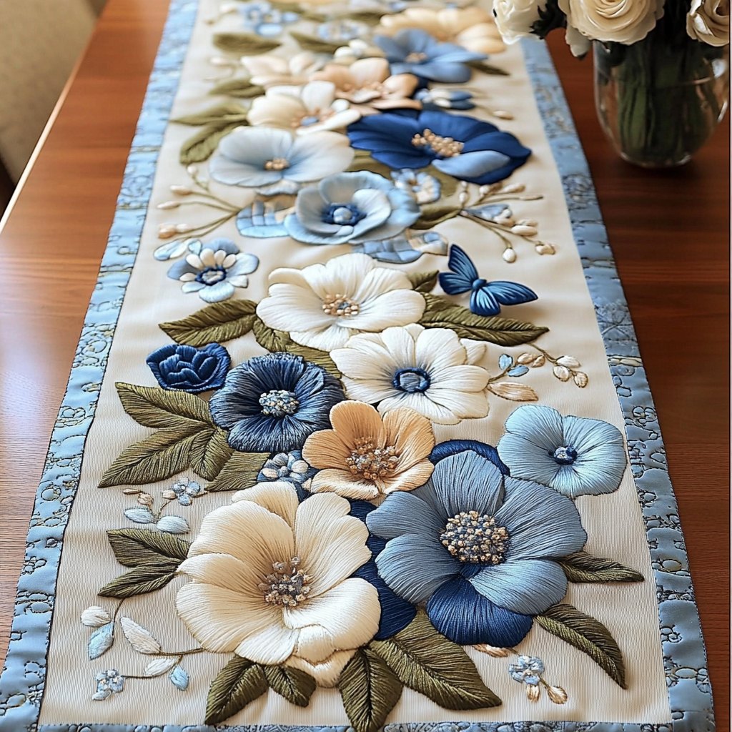 Blue and White Blooms on Pale Grey Table Runner