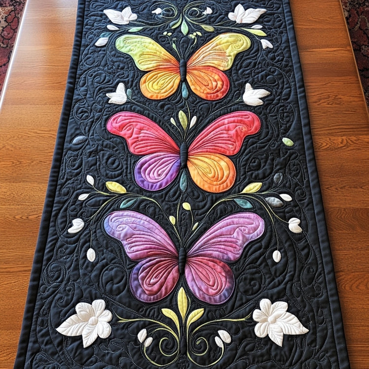 Pink Butterfly on Black Table Runner