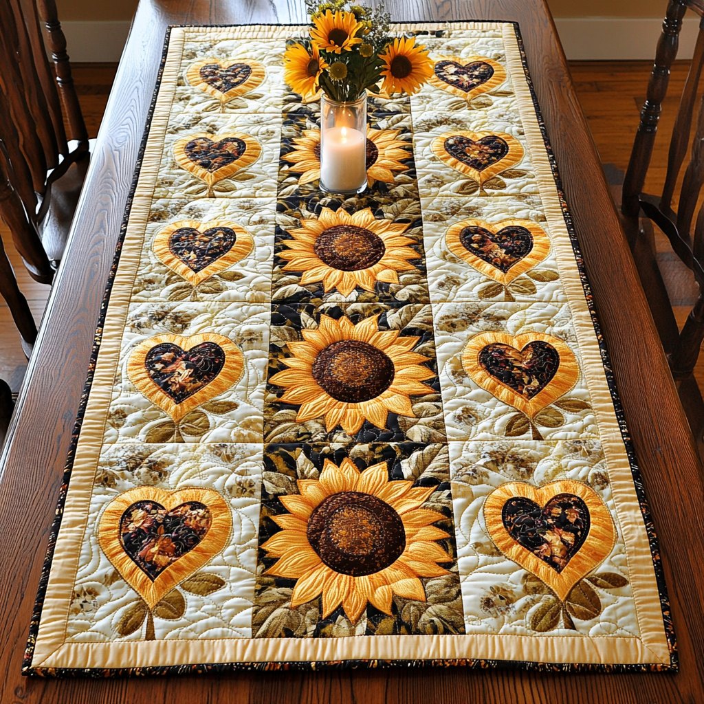 Sunflowers and Hearts on Cream Table Runner