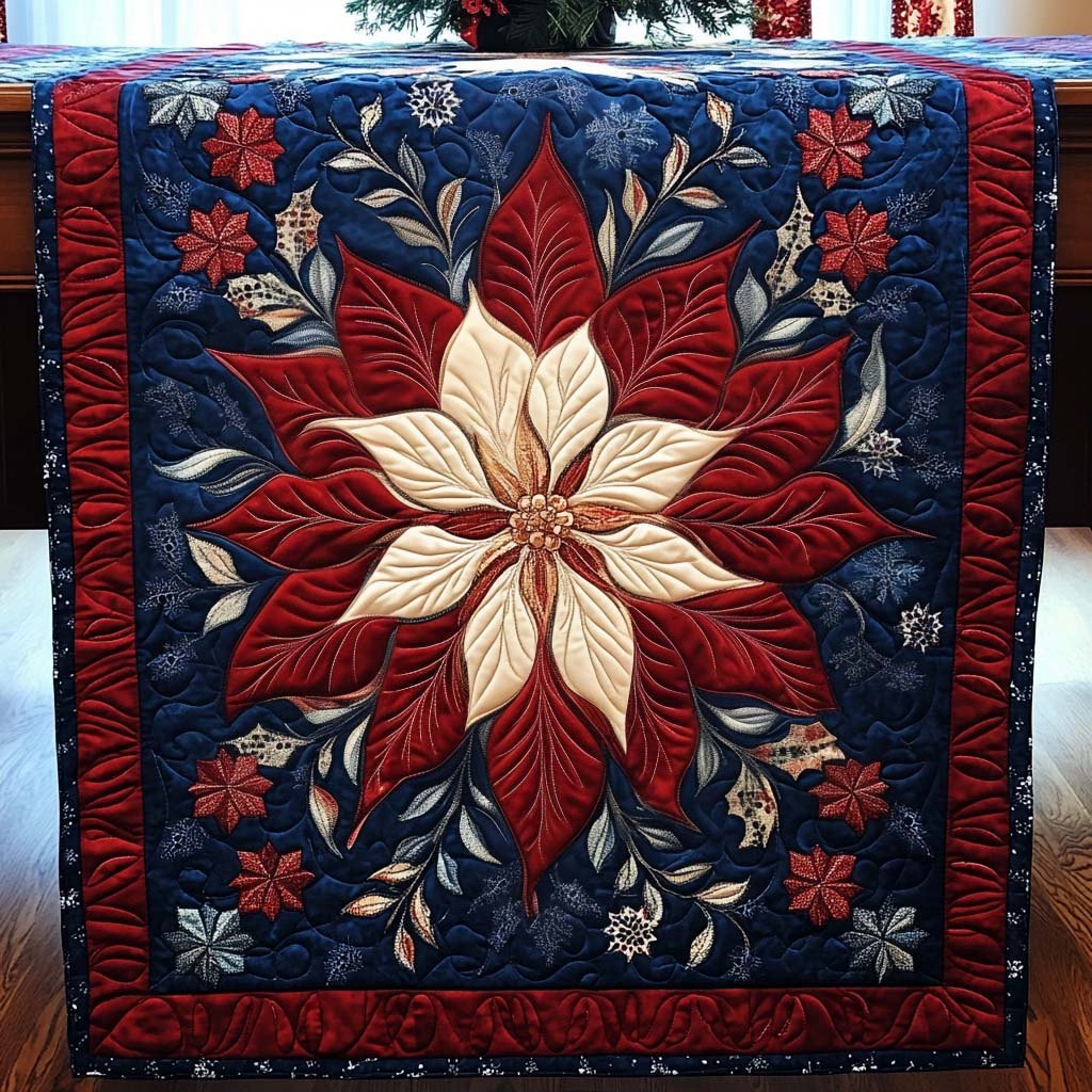 Cream and Red Poinsettia Star Table Runner