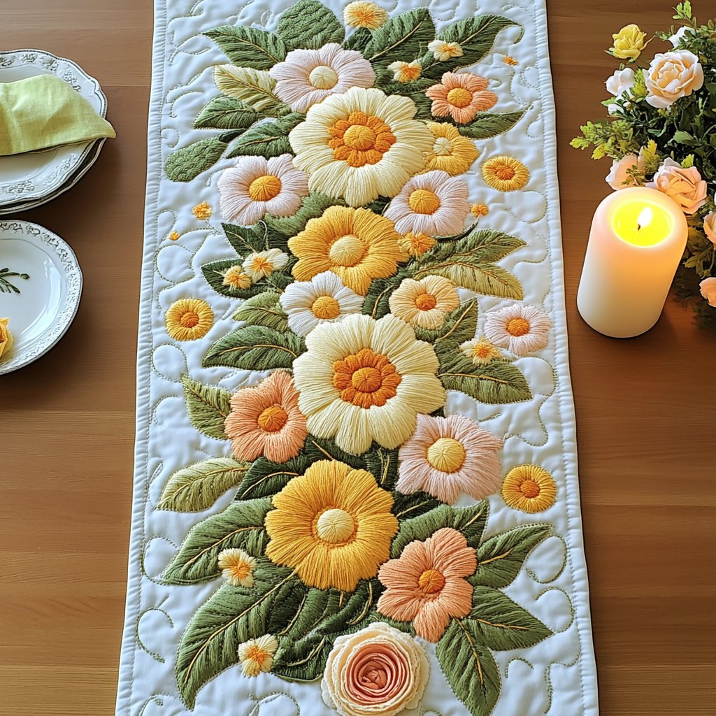 Yellow Blossoms on Pale Blue Table Runner