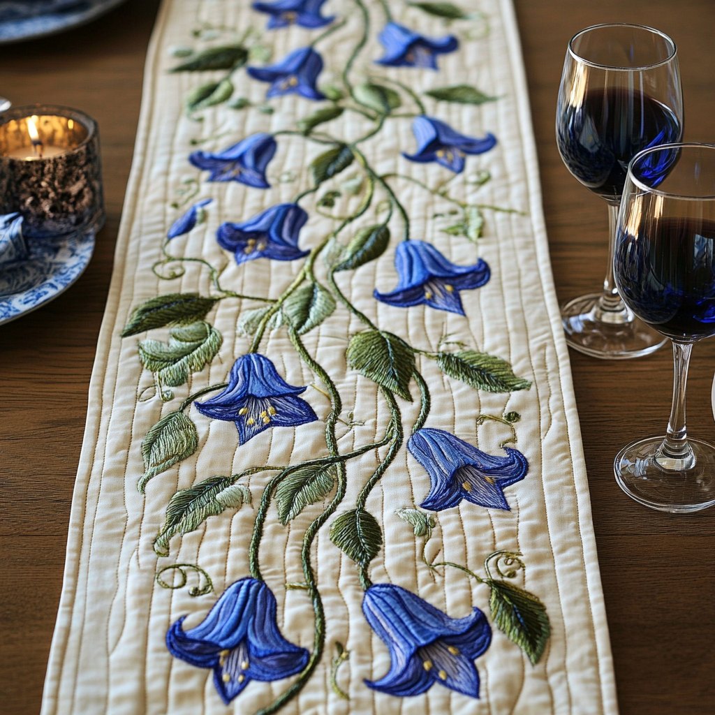 Blue Bellflowers on Cream Vine Table Runner