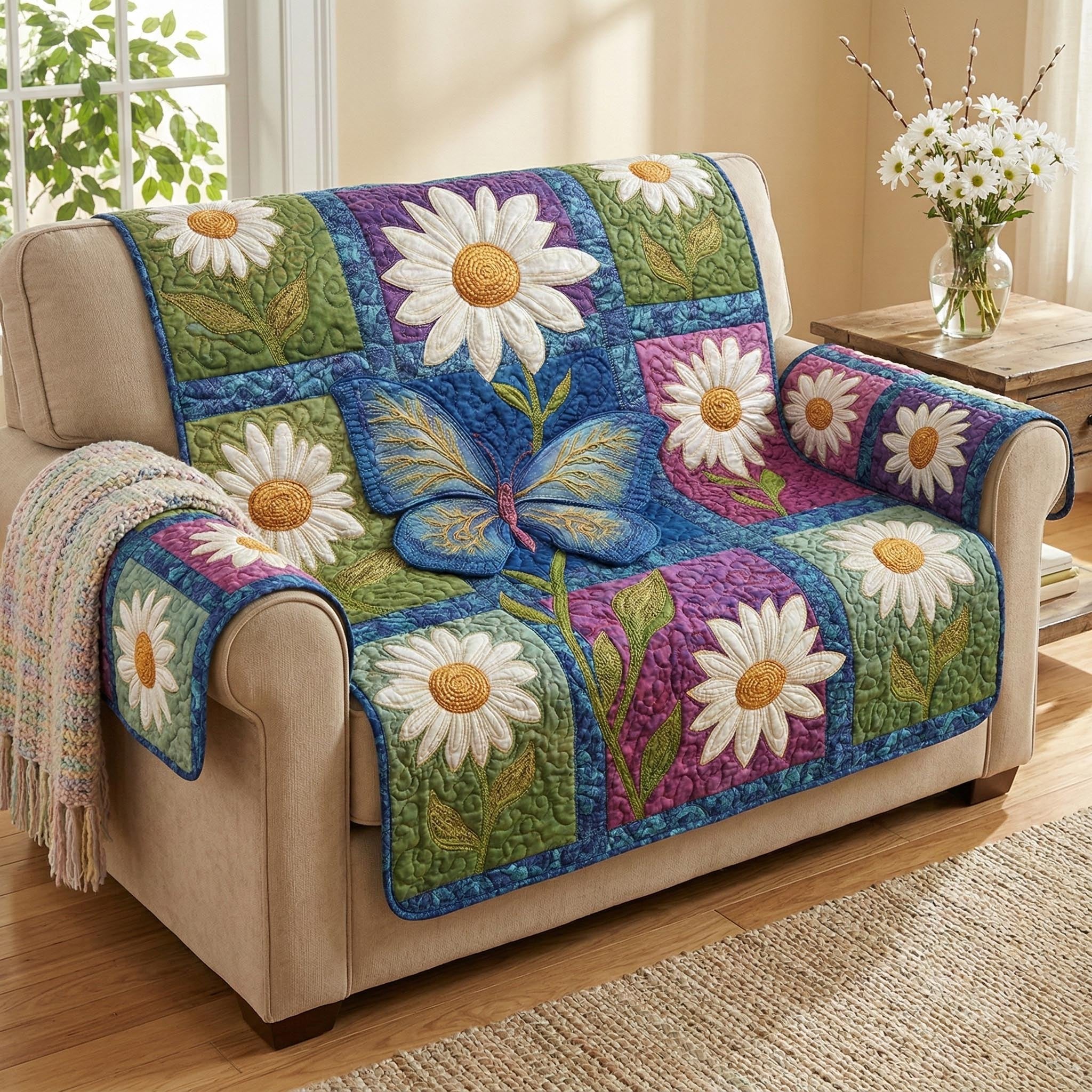 Daisies and Butterfly on Blue Patch Sofa Cover