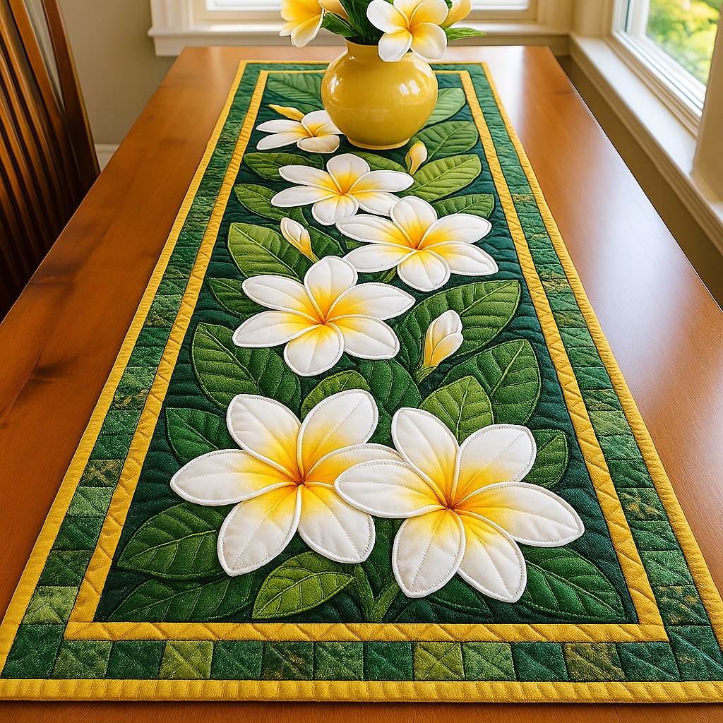 White Plumeria on Green Stripes Table Runner