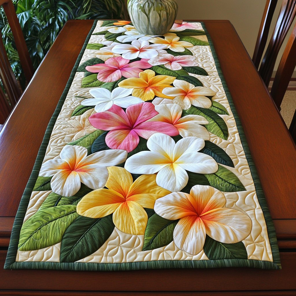 Pink and White Plumeria Blooms Table Runner