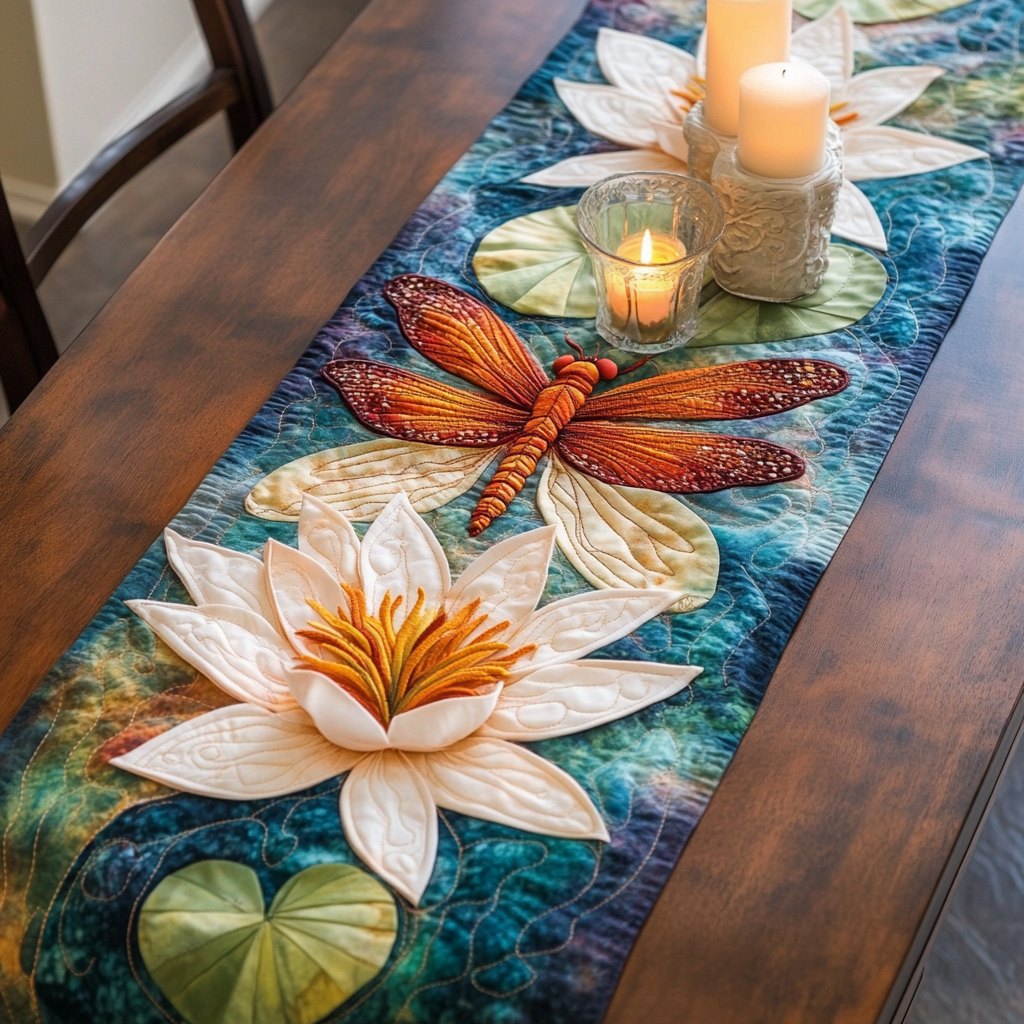 Dragonfly and White Lily on Teal Table Runner