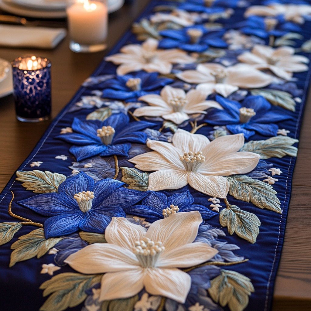 White and Blue Lilies on Navy Table Runner