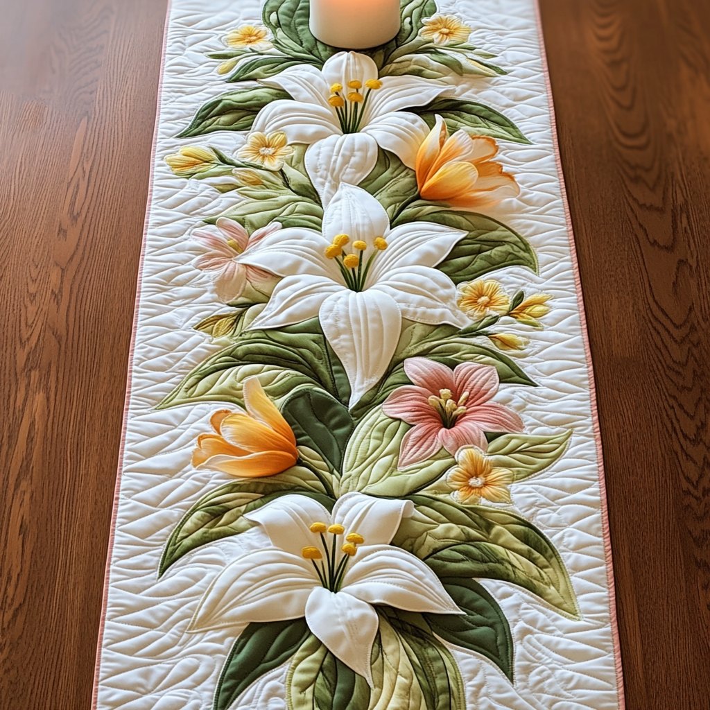 White Lilies with Peach Buds Table Runner