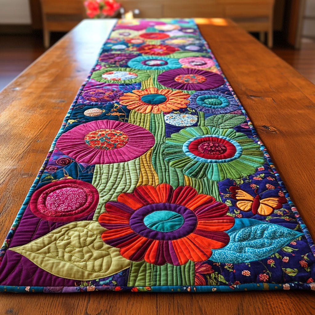 Bold Bright Flowers on Purple Table Runner