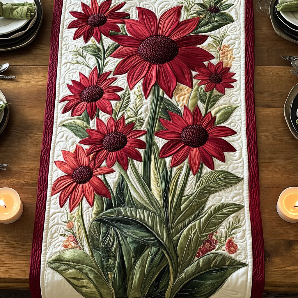 Red Coneflowers on Cream Table Runner
