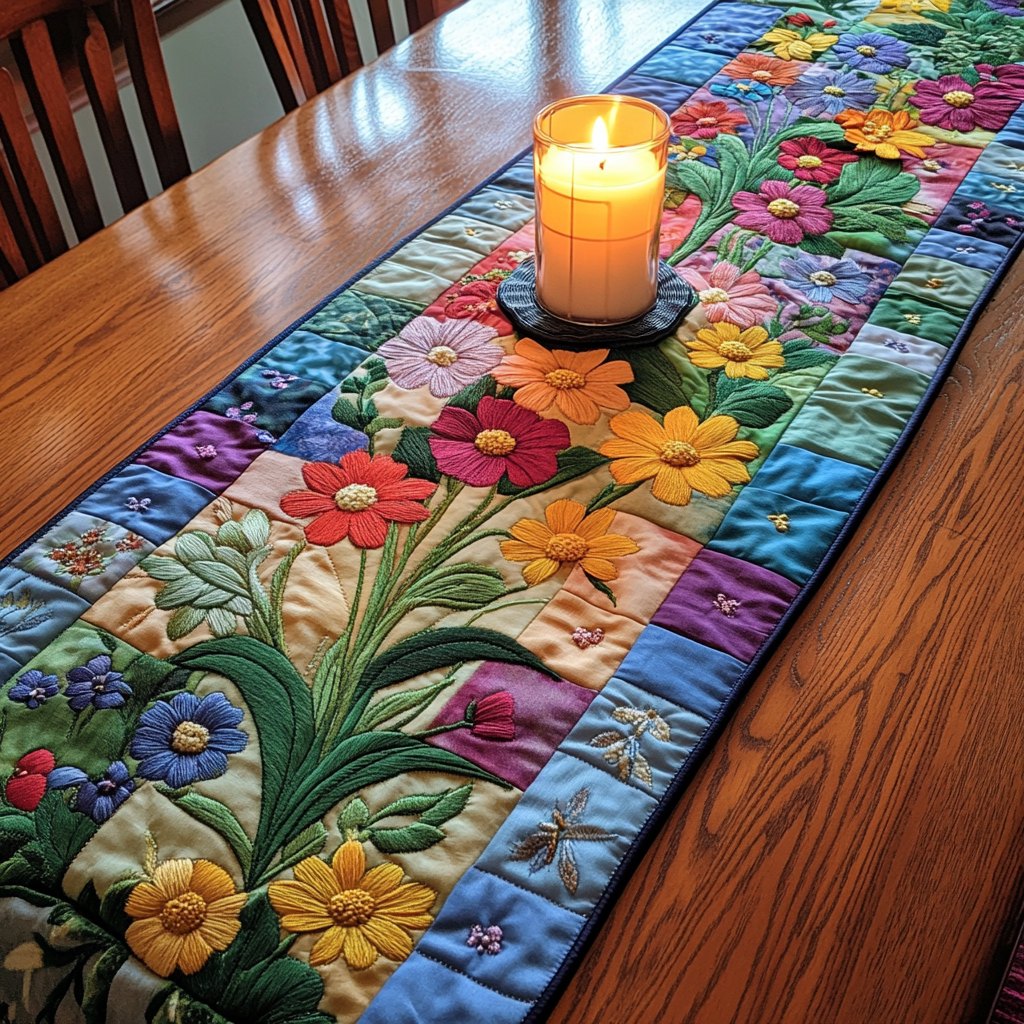Bright Garden Blooms on Teal Table Runner