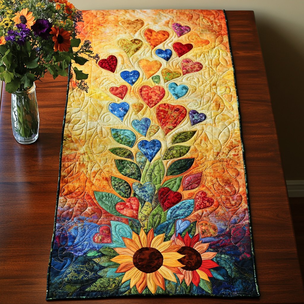 Sunflower and Hearts on Gold Vine Table Runner