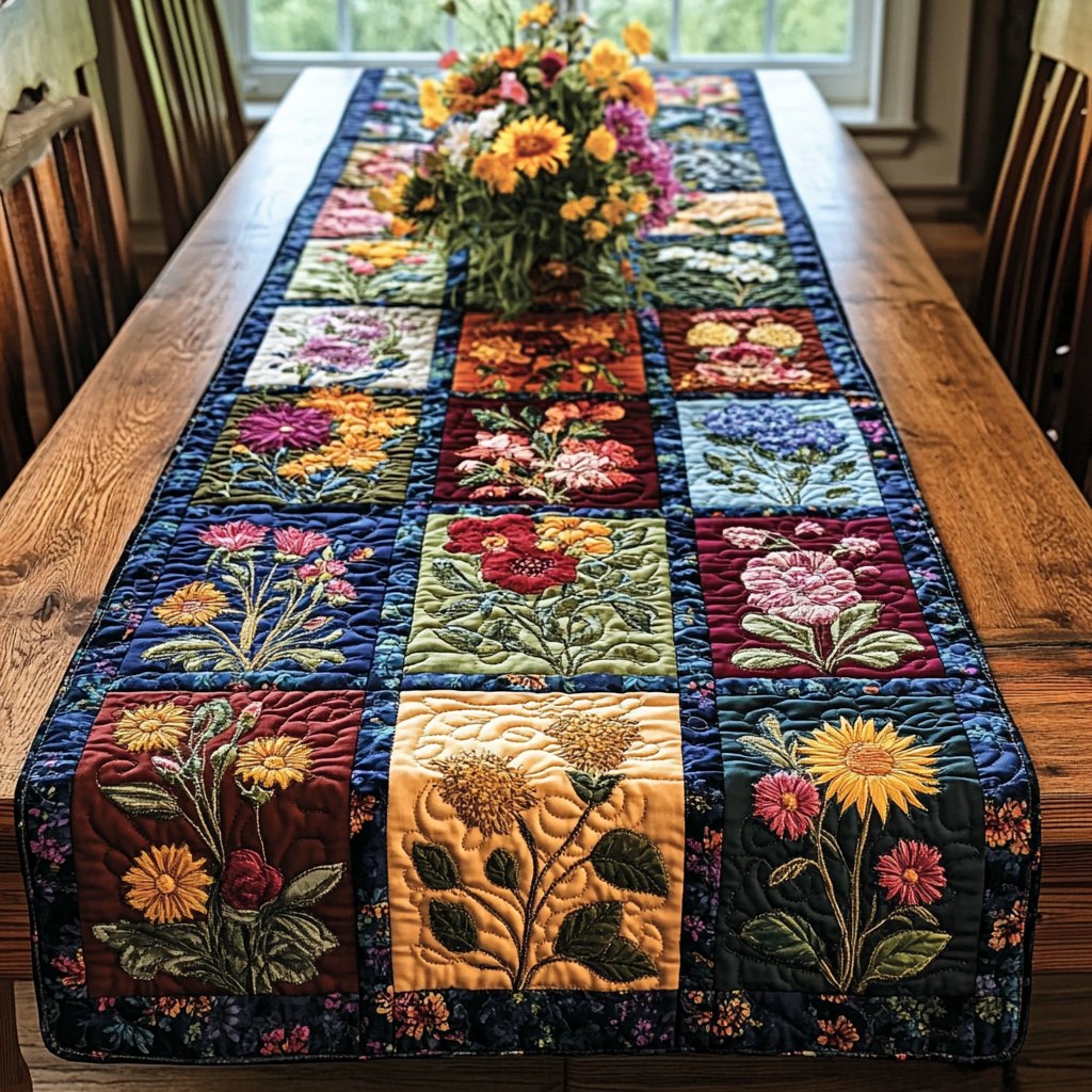 Flower Blocks on Navy Grid Table Runner