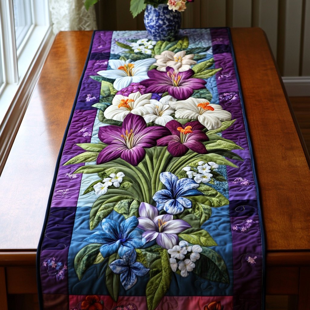Purple and White Lilies on Purple Table Runner