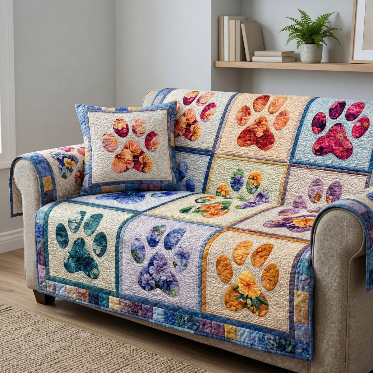 Watercolour Paw Prints on Blue Sofa Cover