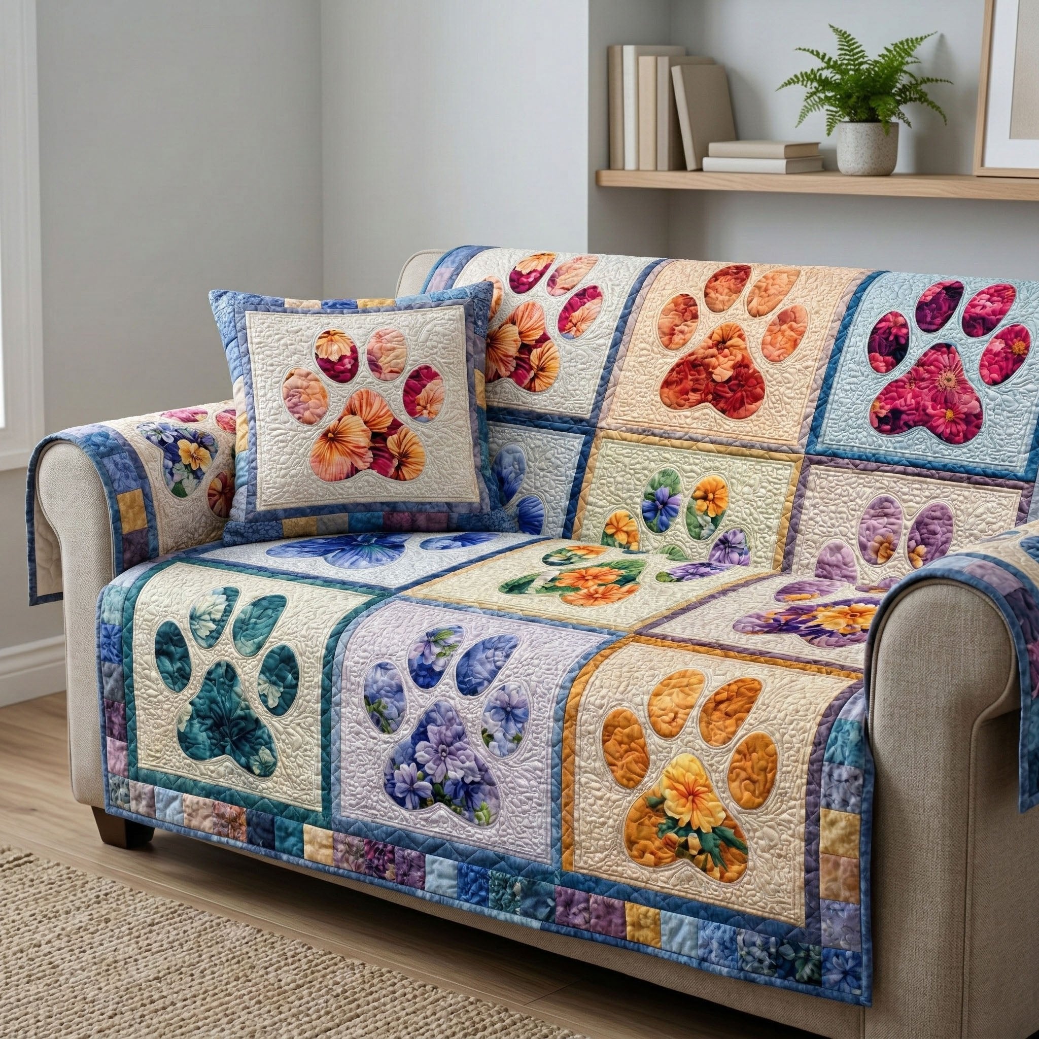Watercolour Paw Prints on Blue Sofa Cover