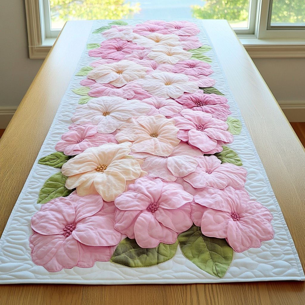 Pink Petunias on White Table Runner