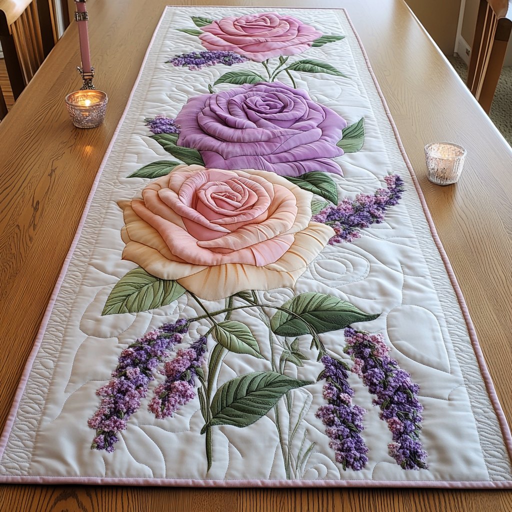 Pink Rose with Lavender Sprigs Table Runner