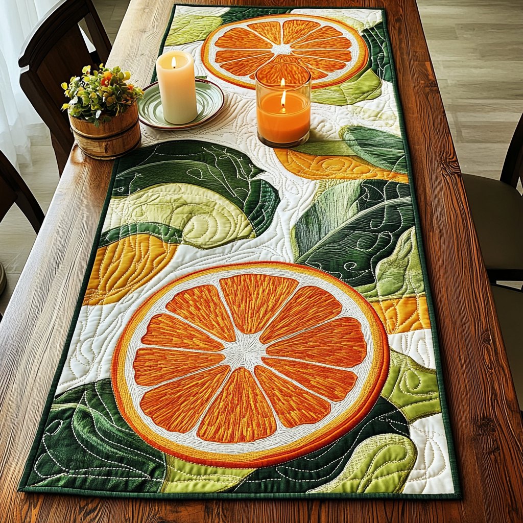 Orange Slice on Green Leaves Table Runner