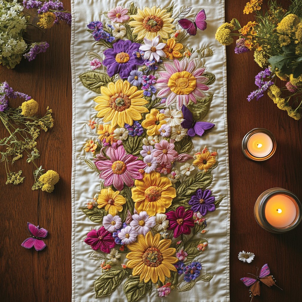 Pastel Daisies Scattered on White Table Runner